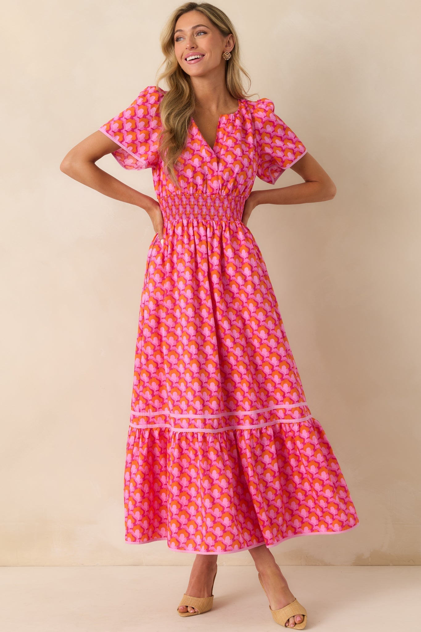 Doing Just Fine Pink Abstract Print Cotton Short Sleeve Maxi Dress