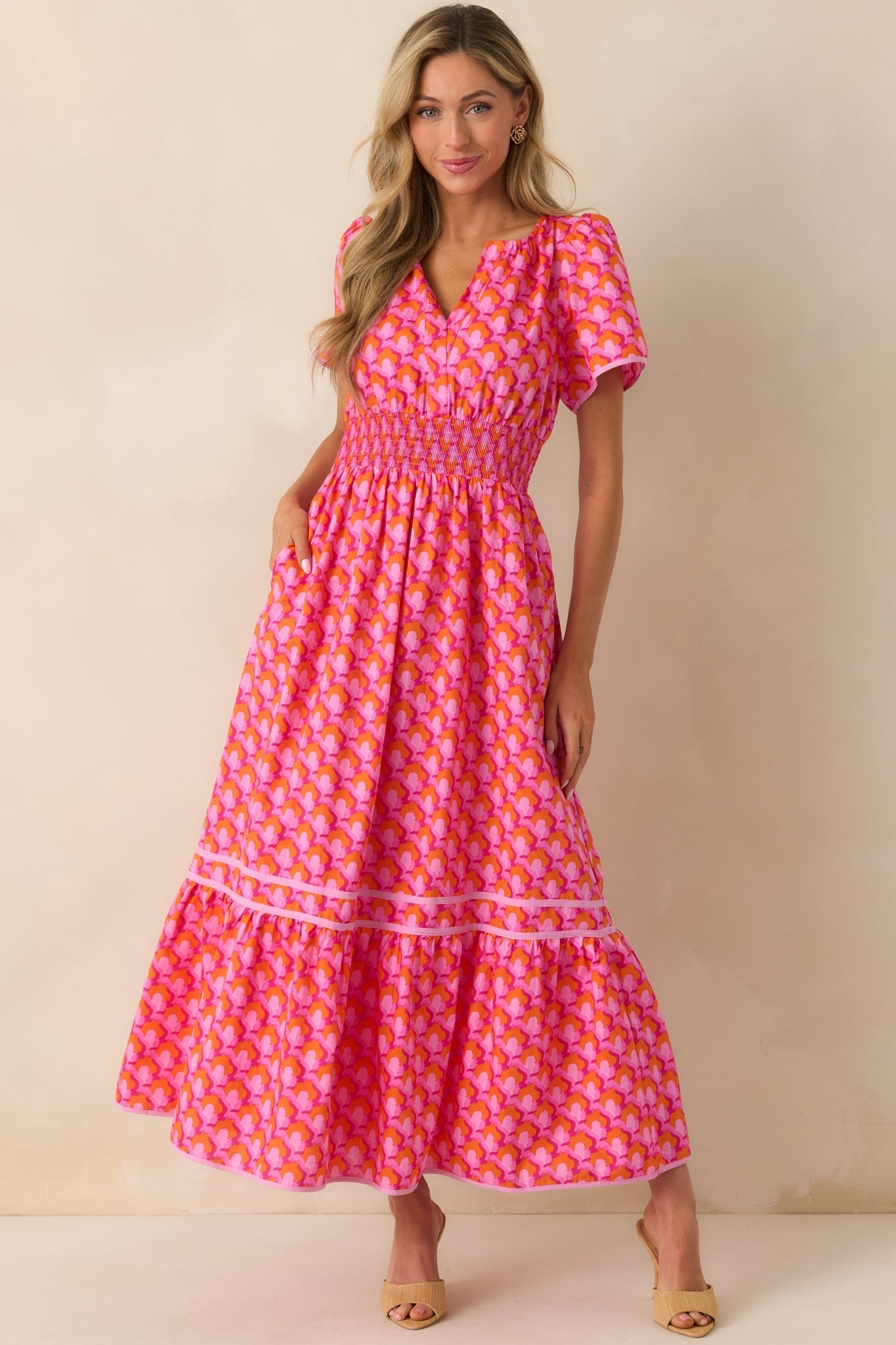 Doing Just Fine Pink Abstract Print Cotton Short Sleeve Maxi Dress