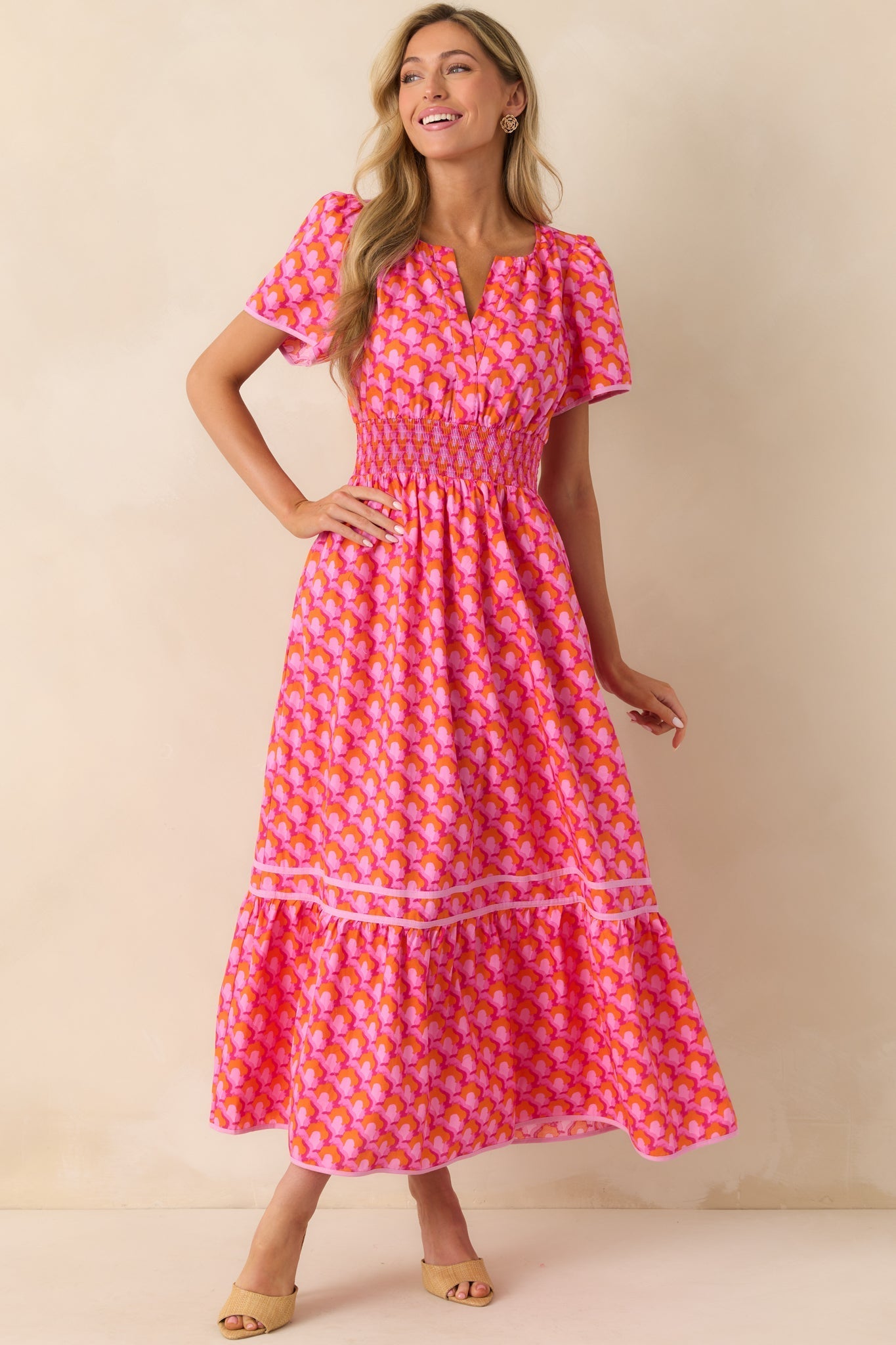 Doing Just Fine Pink Abstract Print Cotton Short Sleeve Maxi Dress