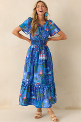 Doing Just Fine Cobalt Blue Tropical Print Cotton Short Sleeve Maxi Dress