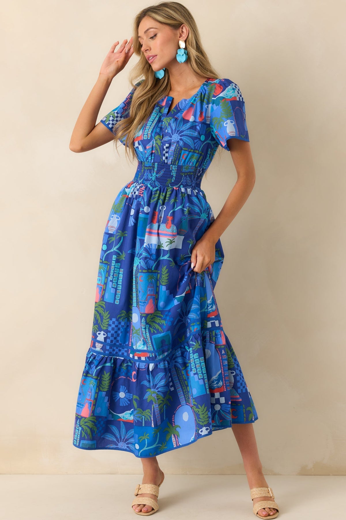 Doing Just Fine Cobalt Blue Tropical Print Cotton Short Sleeve Maxi Dress