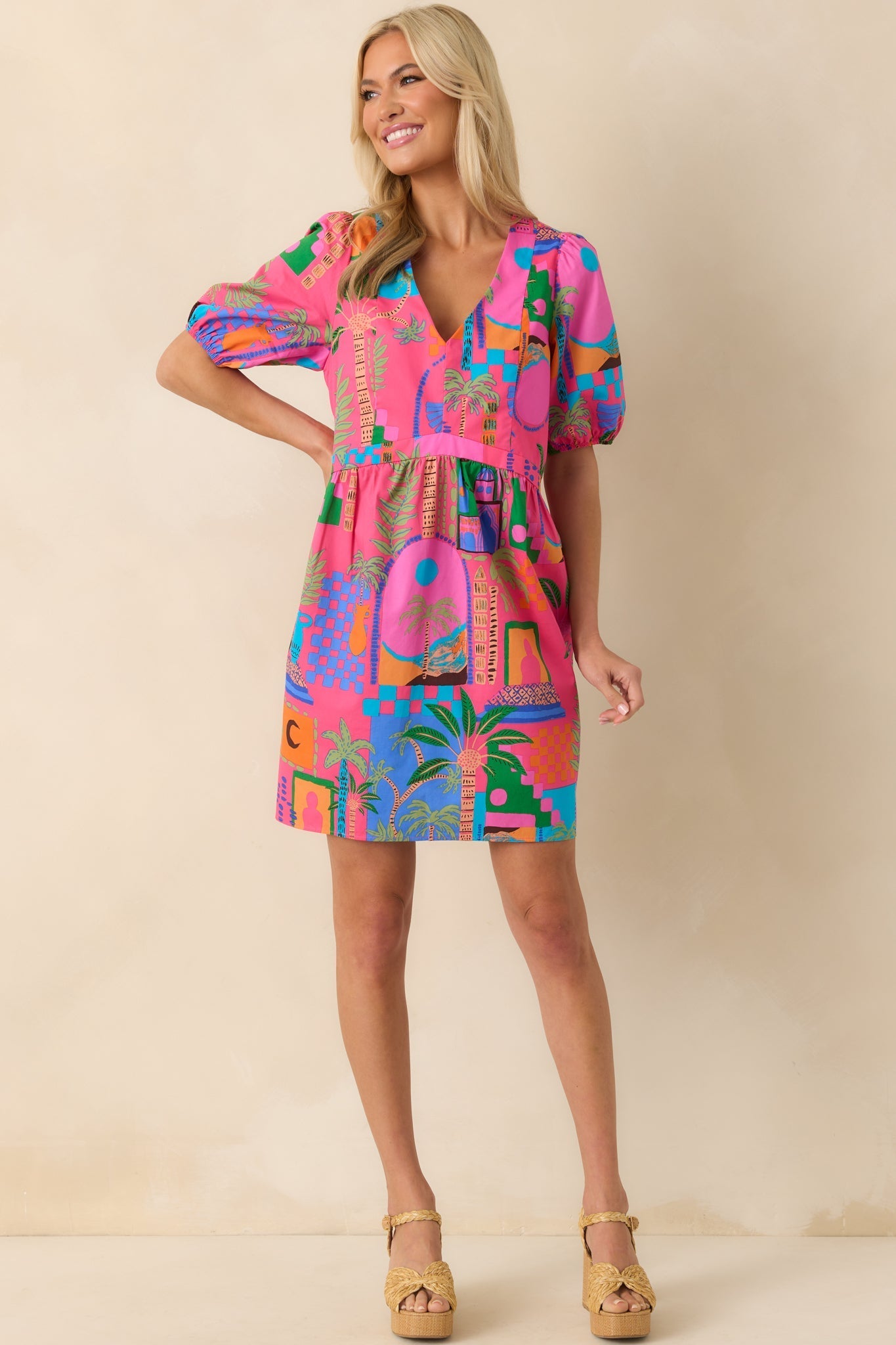 Clear Skies Today Pink Tropical Print Cotton Mini Dress