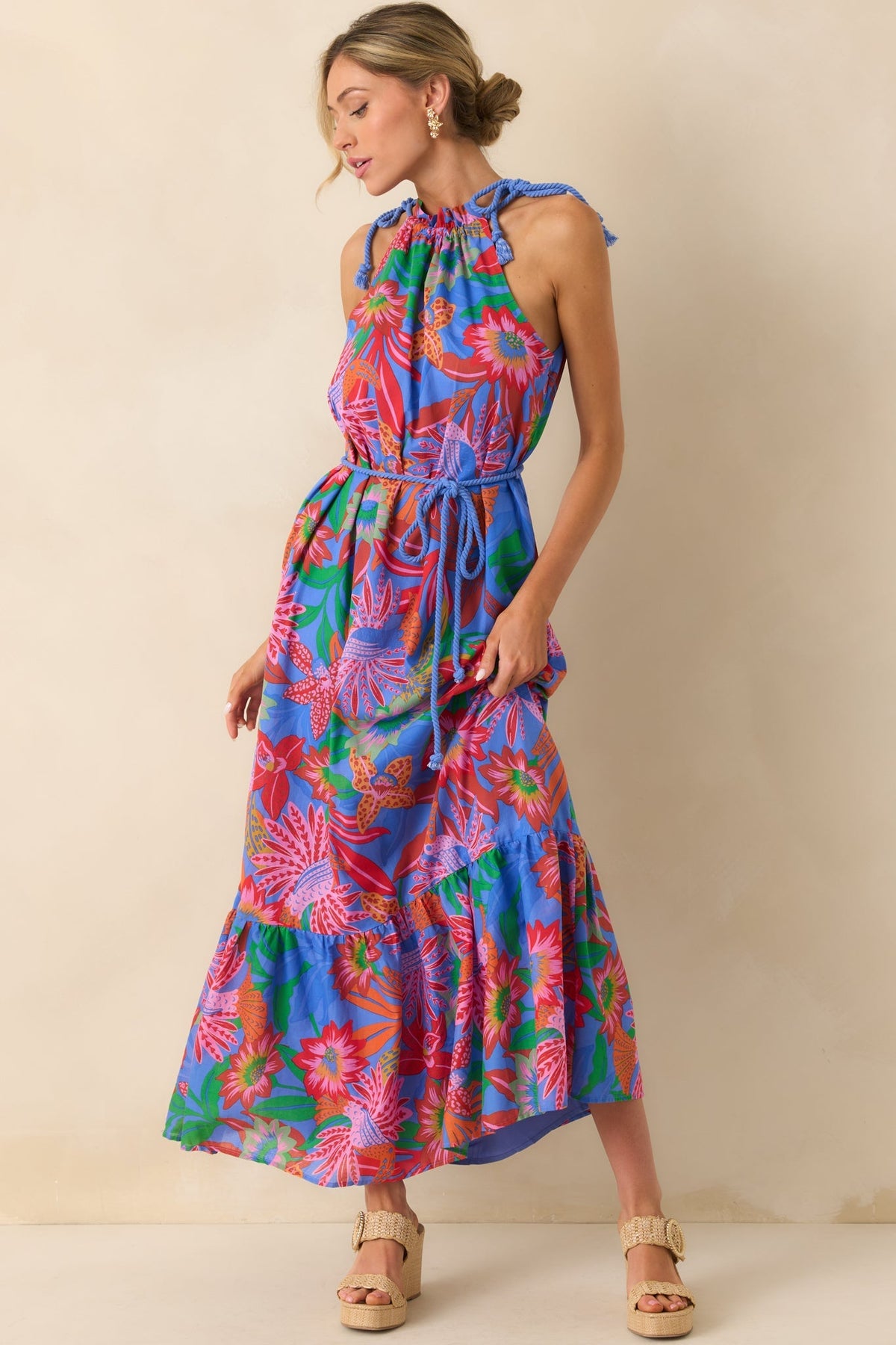 Nowhere To Be Blue Tropical Floral Cotton Halter Maxi Dress