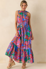 Nowhere To Be Blue Tropical Floral Cotton Halter Maxi Dress