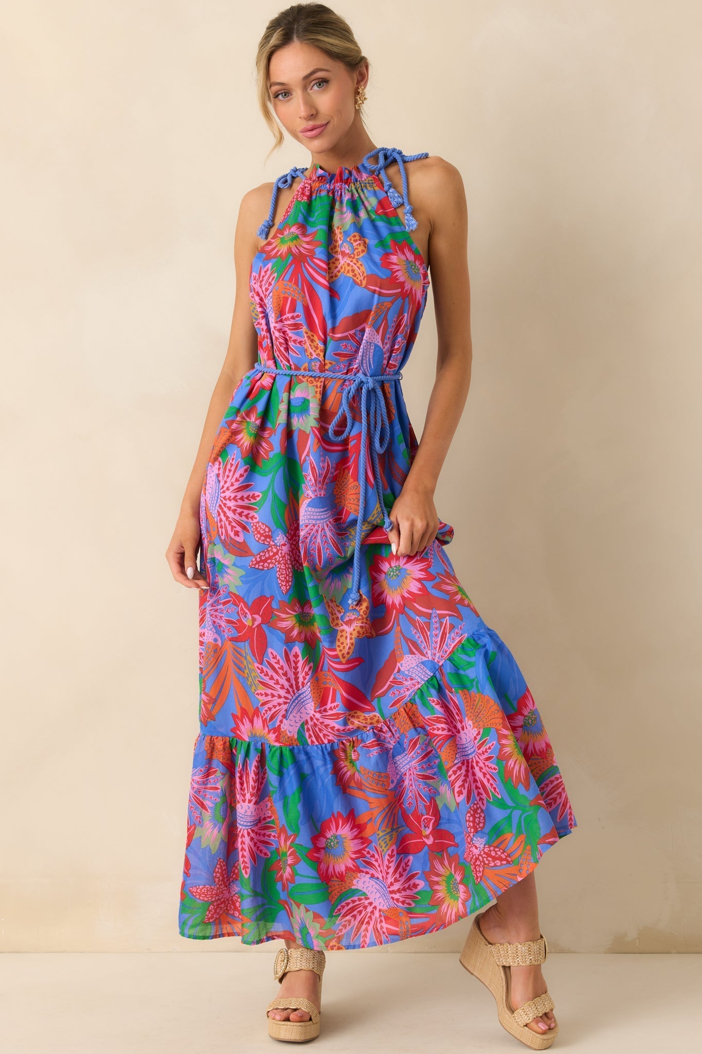 Nowhere To Be Blue Tropical Floral Cotton Halter Maxi Dress
