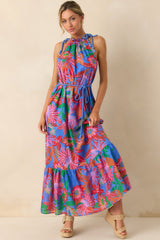 Nowhere To Be Blue Tropical Floral Cotton Halter Maxi Dress
