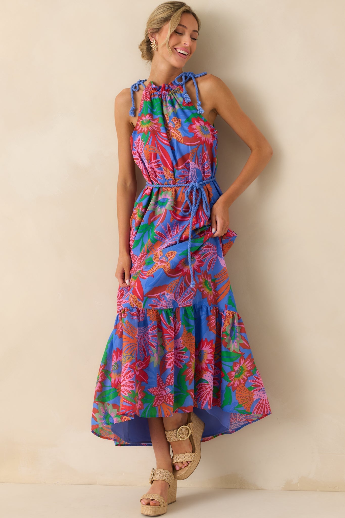 Nowhere To Be Blue Tropical Floral Cotton Halter Maxi Dress