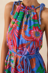 Nowhere To Be Blue Tropical Floral Cotton Halter Maxi Dress