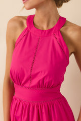 Going The Right Way Fuchsia Pink Cotton Halter Maxi Dress