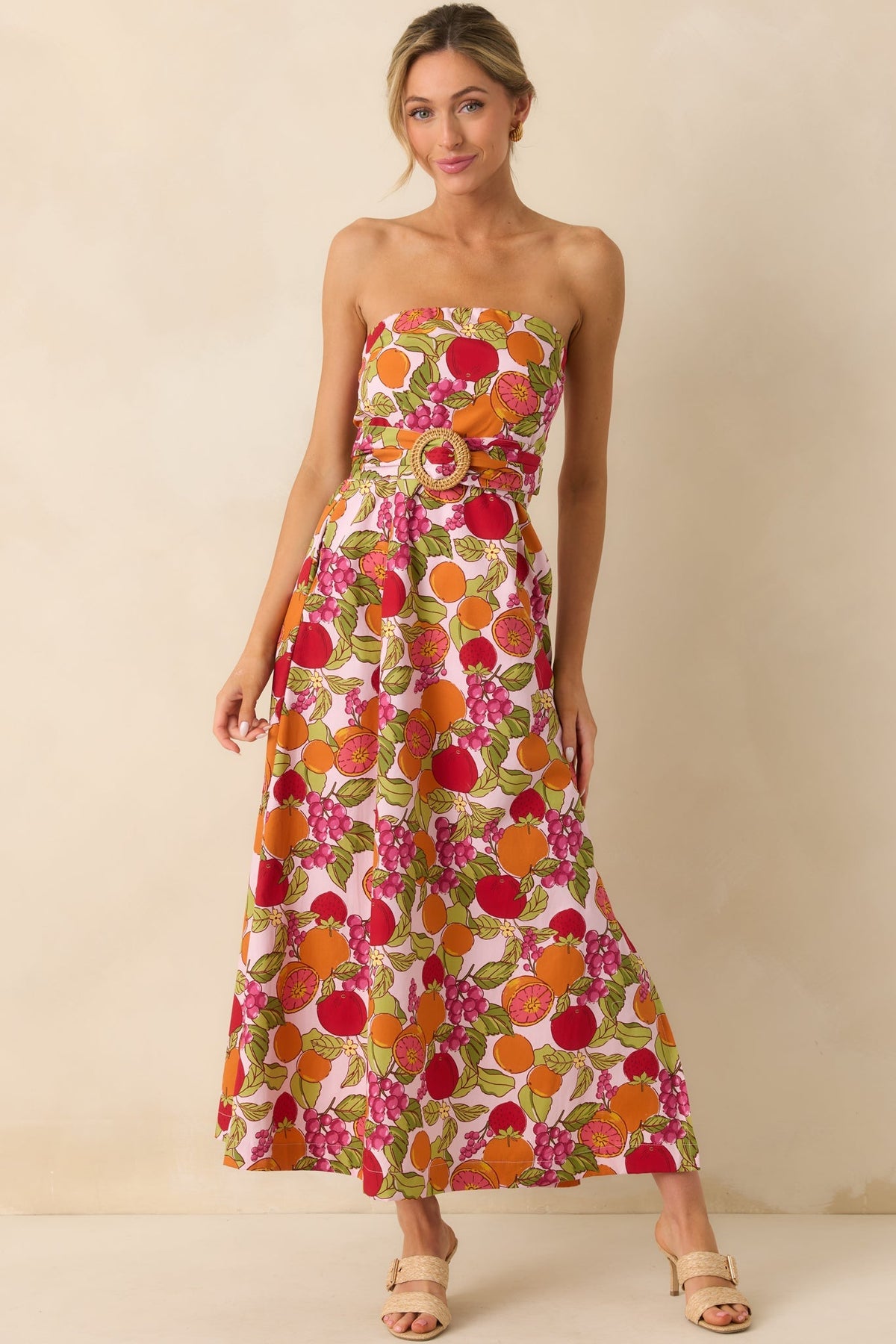Sweetness To Spare Pink Fruit Print Cotton Strapless Maxi Dress