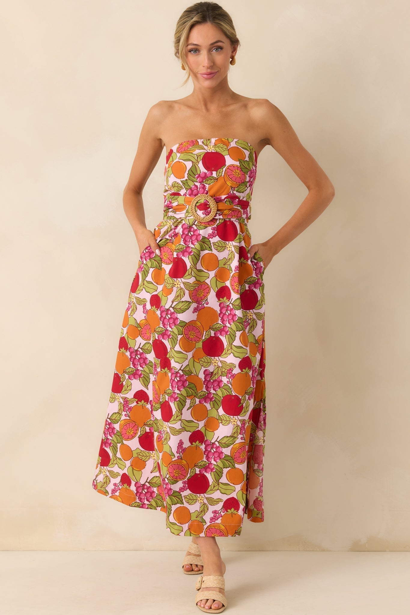Sweetness To Spare Pink Fruit Print Cotton Strapless Maxi Dress