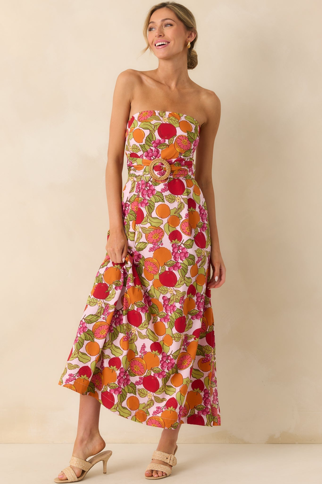 Sweetness To Spare Pink Fruit Print Cotton Strapless Maxi Dress