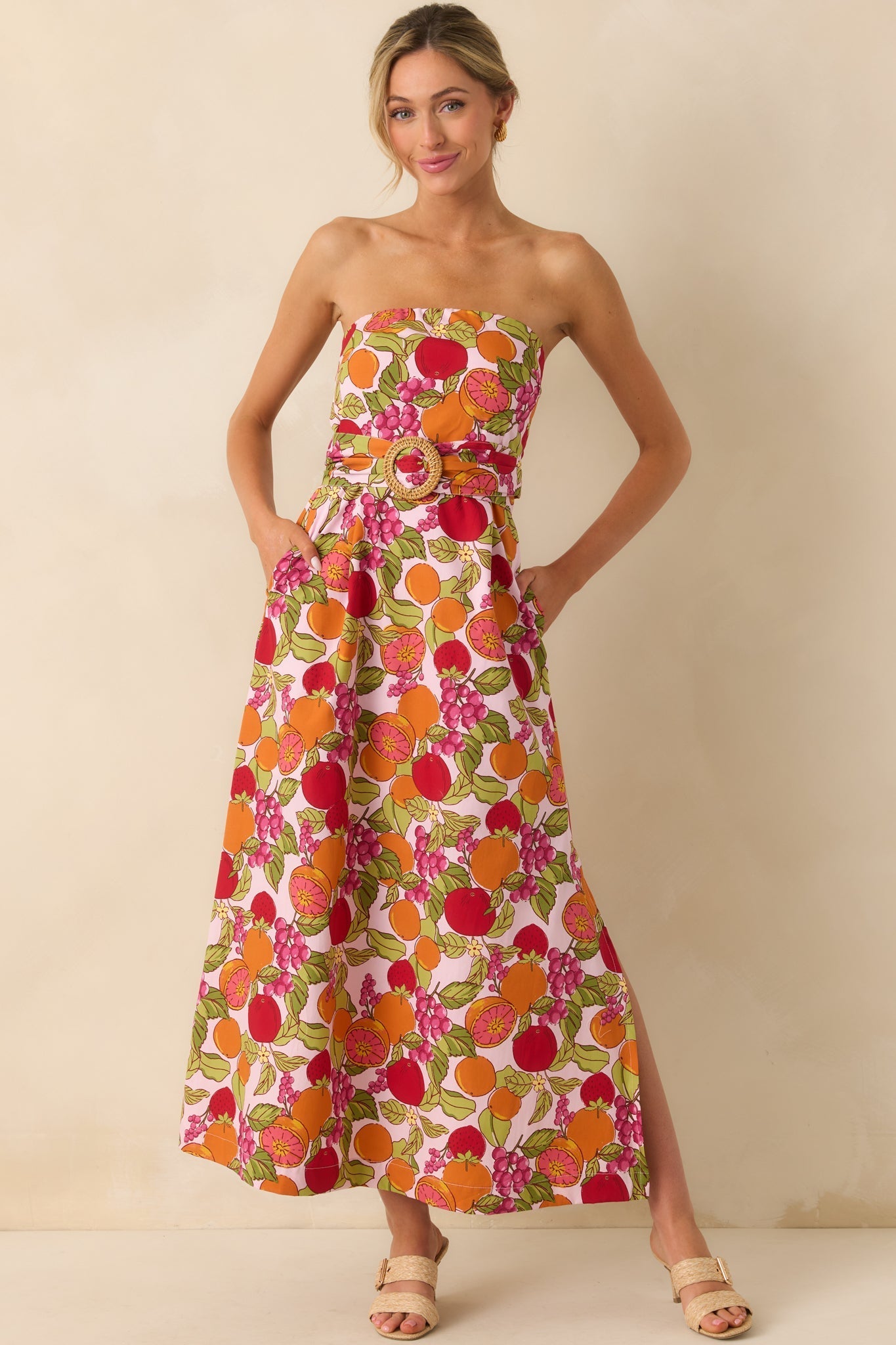 Sweetness To Spare Pink Fruit Print Cotton Strapless Maxi Dress