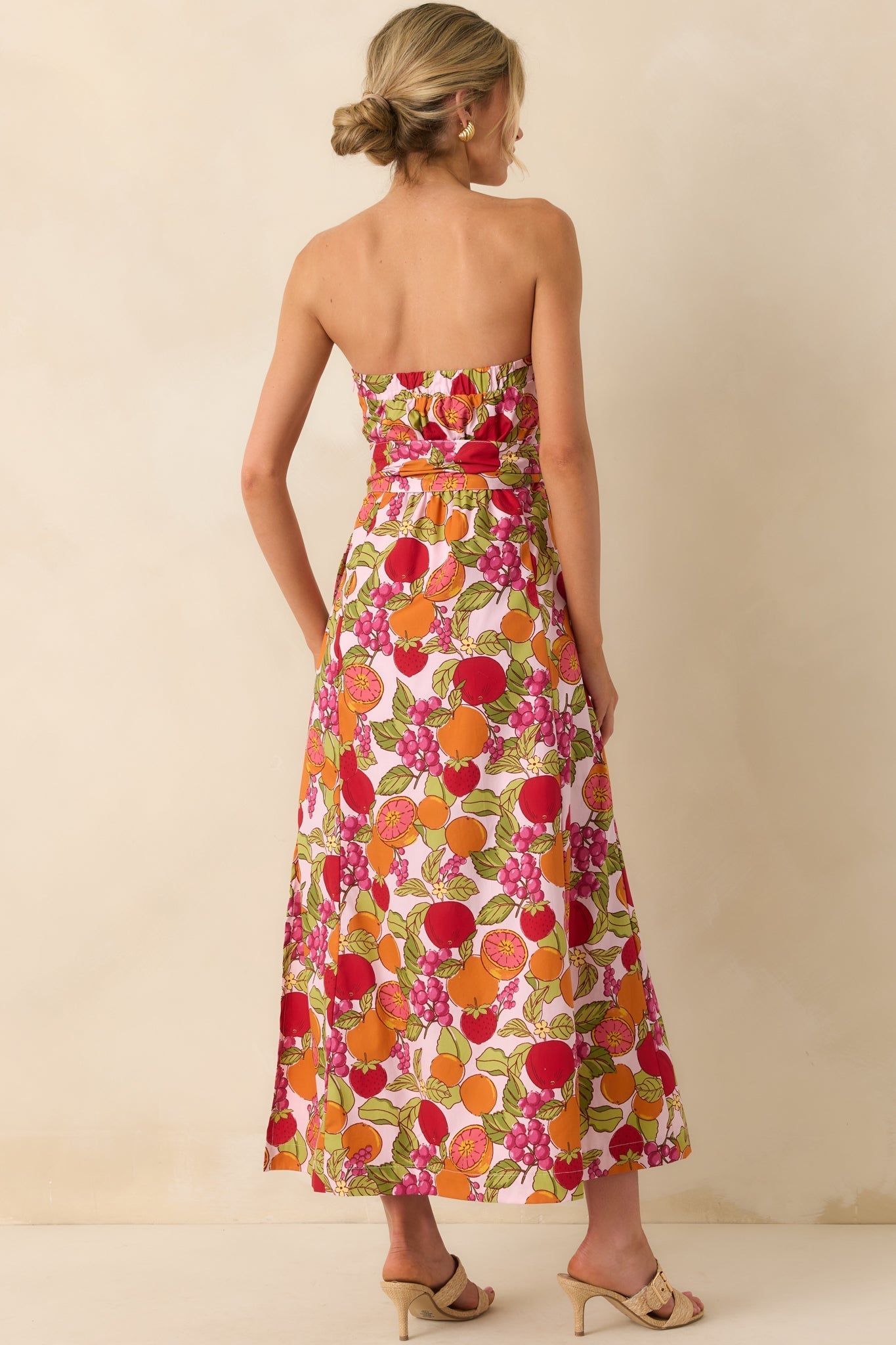Sweetness To Spare Pink Fruit Print Cotton Strapless Maxi Dress