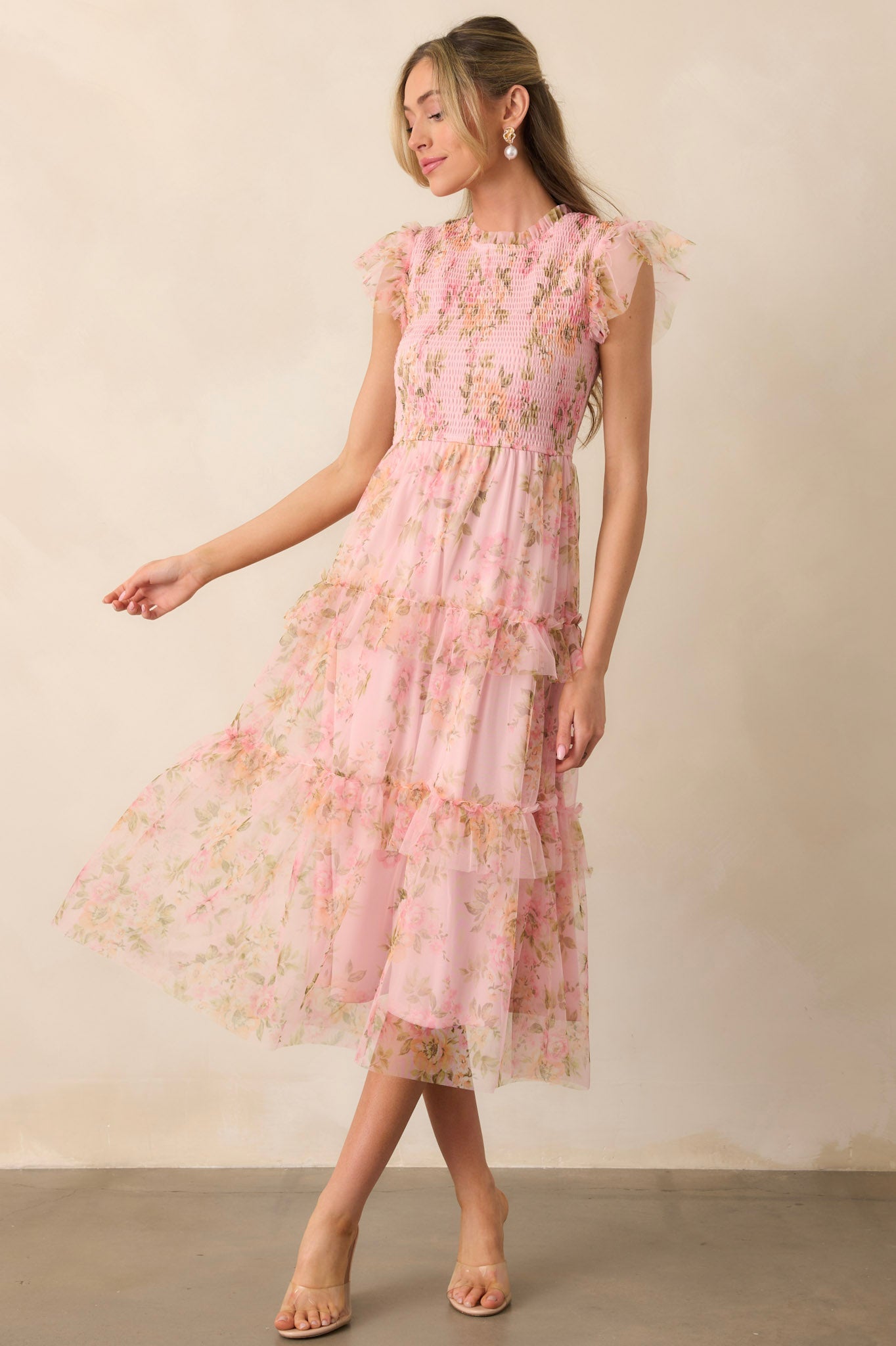 Sunrise Soiree Pink Floral Flutter Sleeve Midi Dress