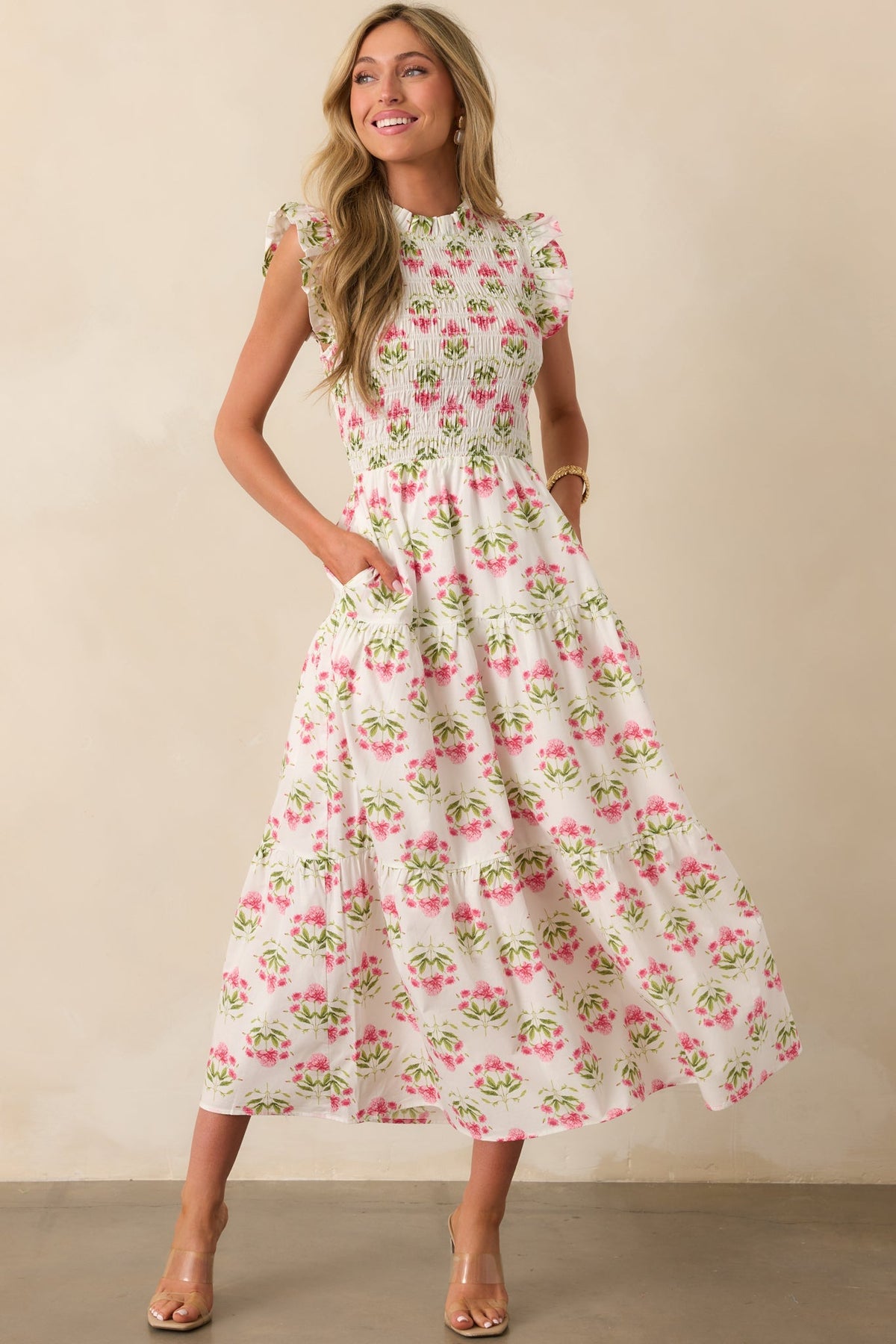 At The Wishing Well Pink Floral Cotton Smocked Maxi Dress