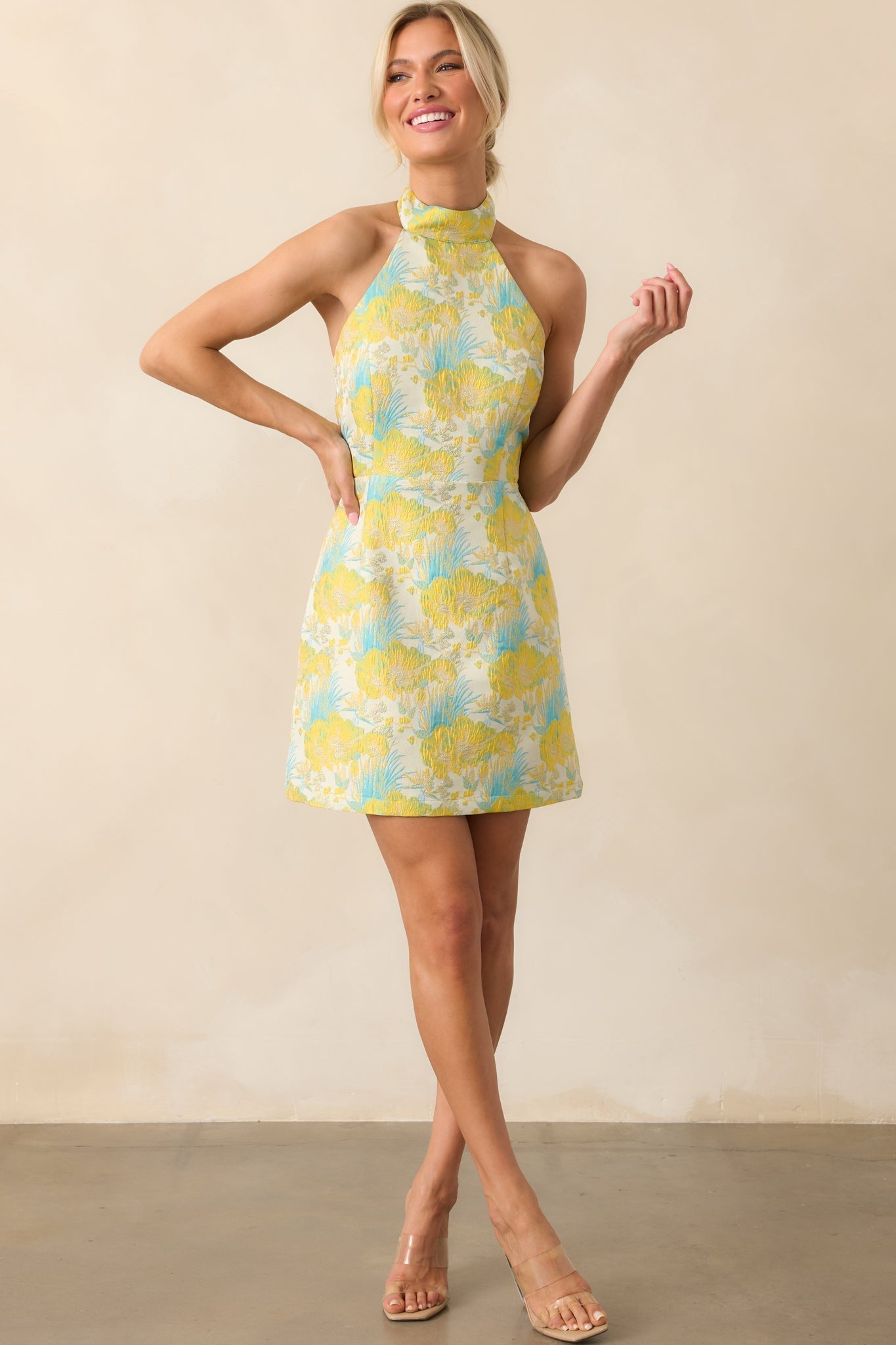 Nights We Needed Yellow Floral Print Jacquard Halter Mini Dress