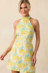 Nights We Needed Yellow Floral Print Jacquard Halter Mini Dress
