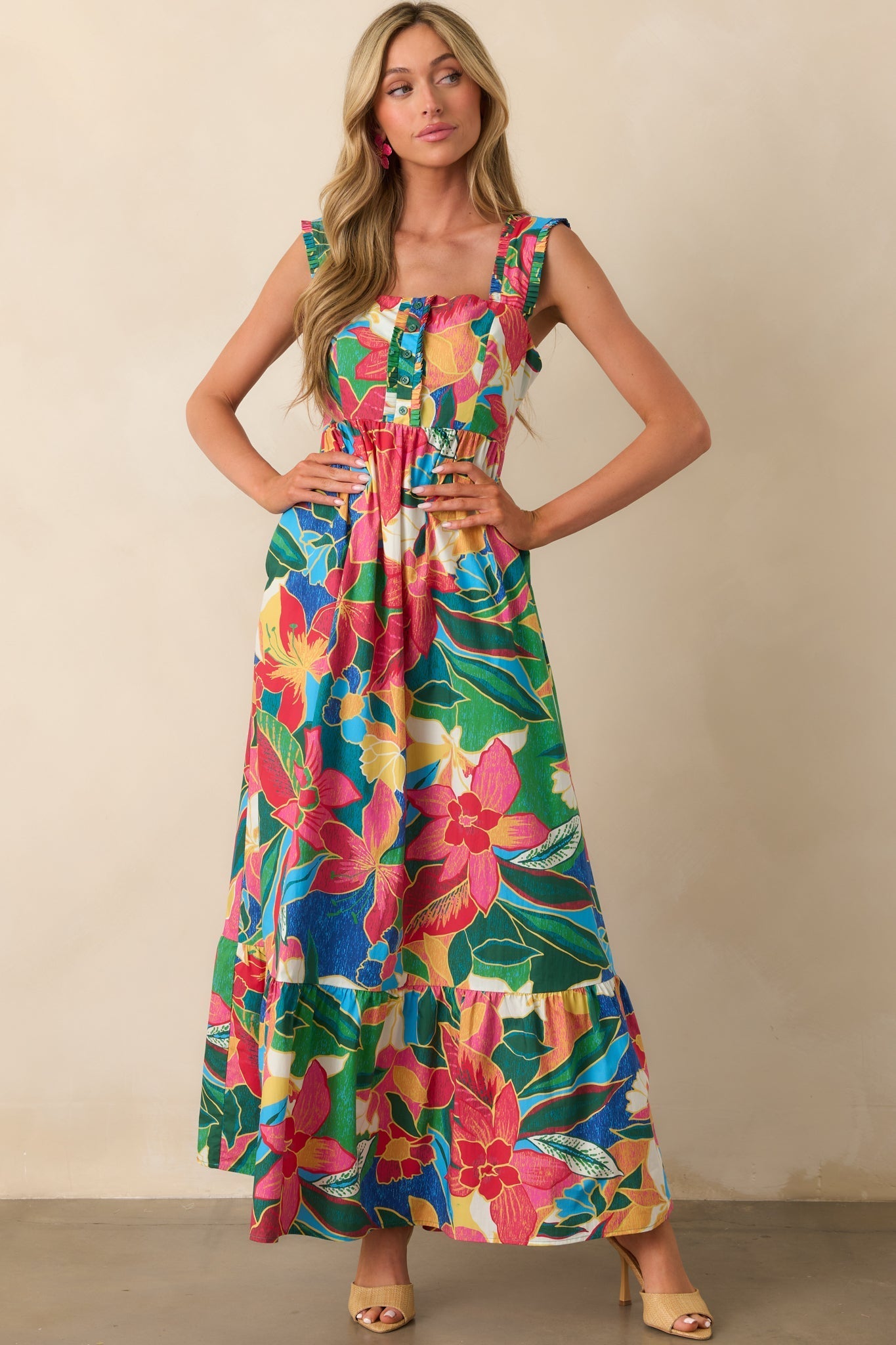 Finding My Oasis Blue Tropical Print Cotton Bow Back Maxi Dress