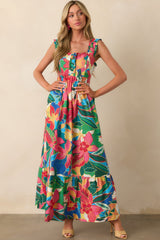 Finding My Oasis Blue Tropical Print Cotton Bow Back Maxi Dress