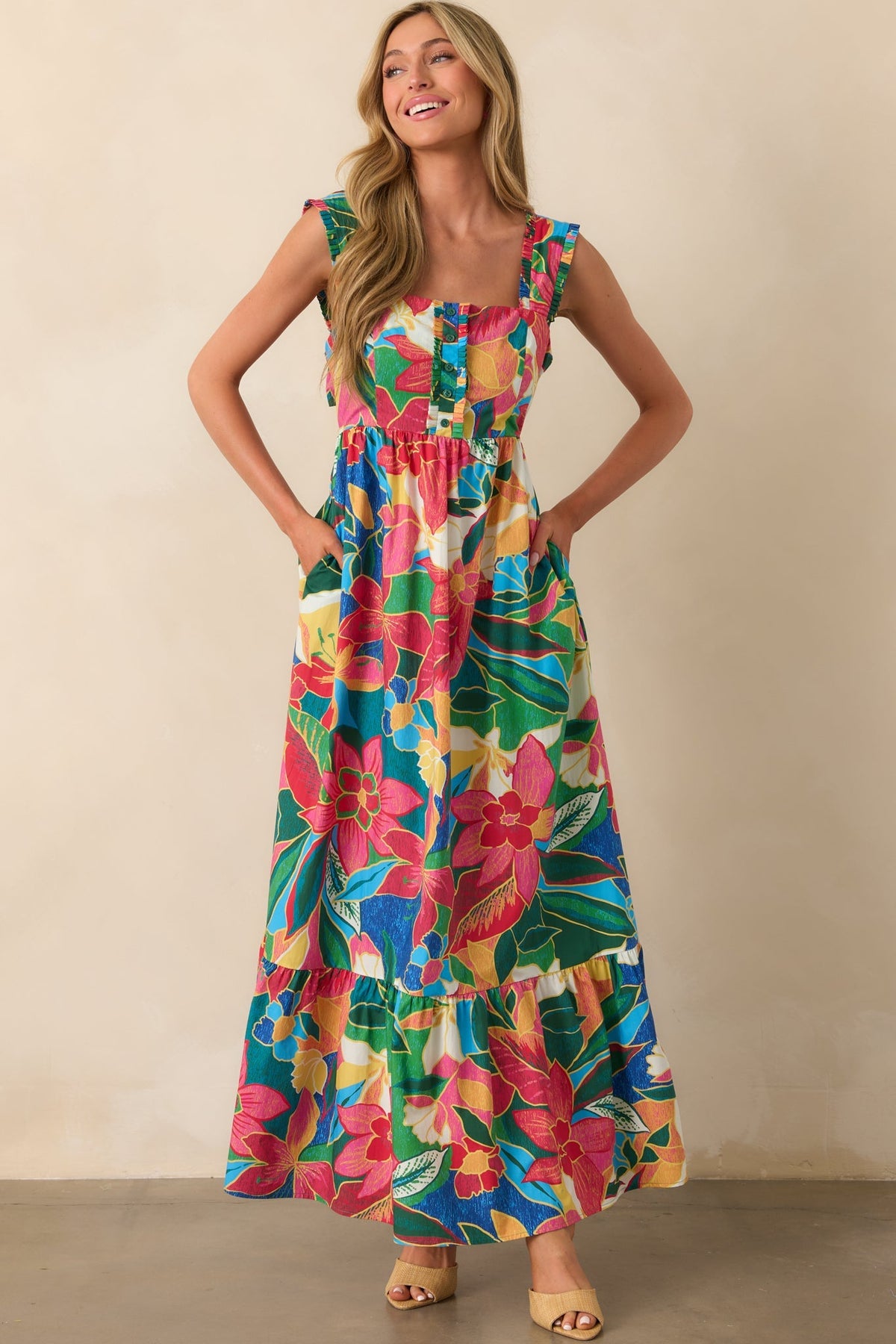 Finding My Oasis Blue Tropical Print Cotton Bow Back Maxi Dress