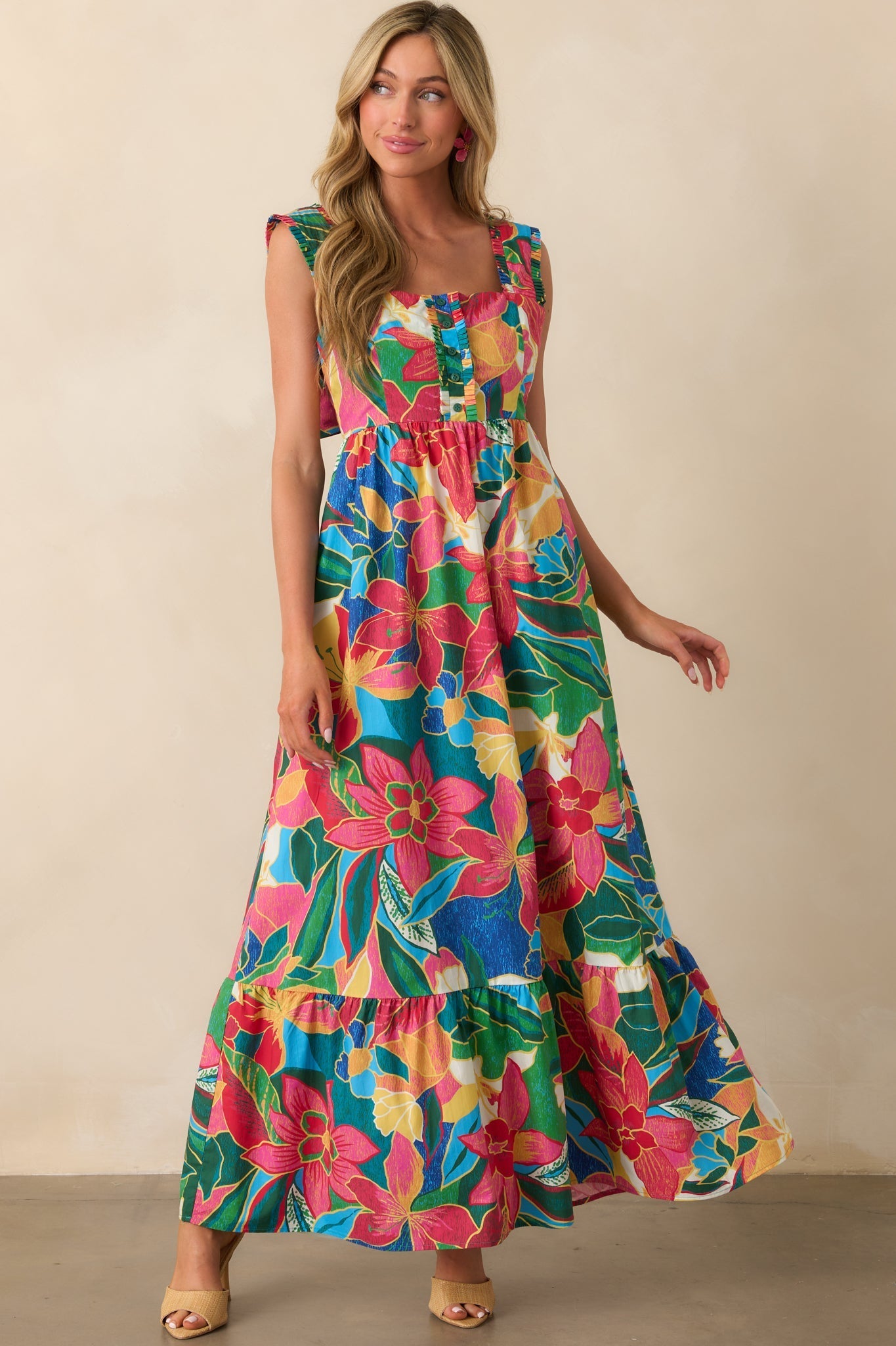 Finding My Oasis Blue Tropical Print Cotton Bow Back Maxi Dress