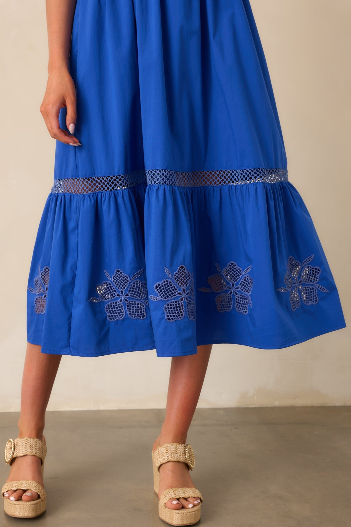 Don't Mind If I Do Cobalt Blue Cotton Embroidered Eyelet Midi Dress