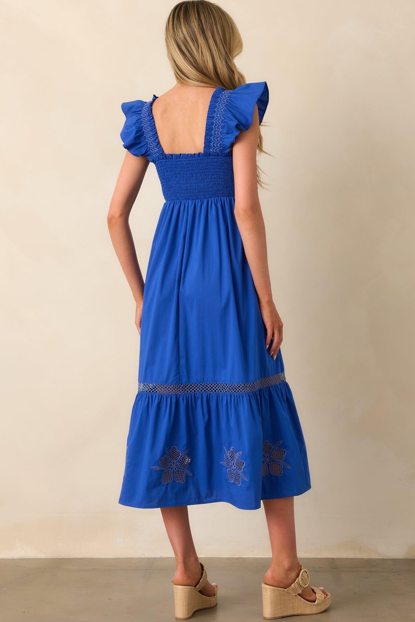 Don't Mind If I Do Cobalt Blue Cotton Embroidered Eyelet Midi Dress
