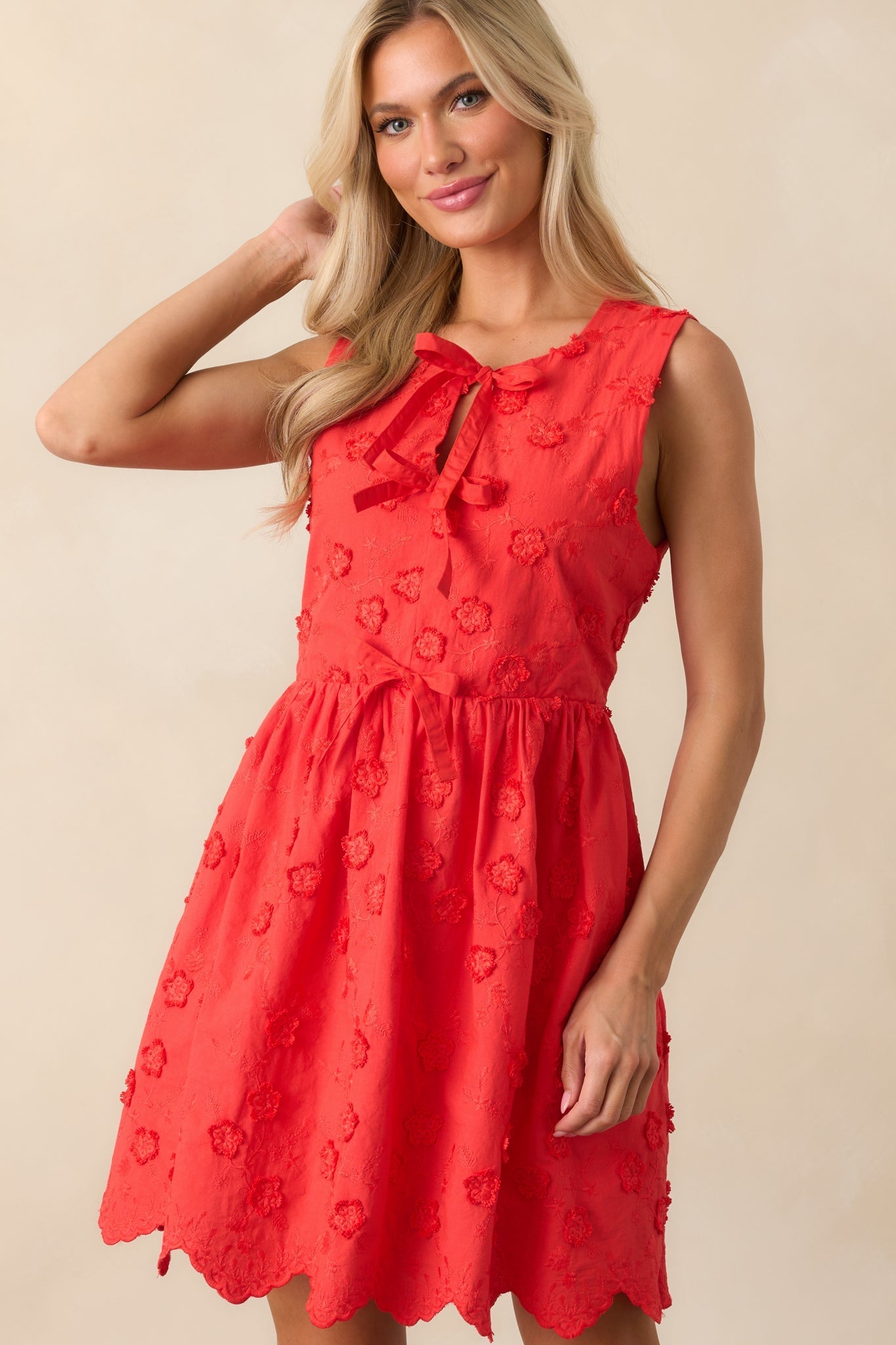 Thinking About It Red Floral Embroidered Cotton Mini Dress
