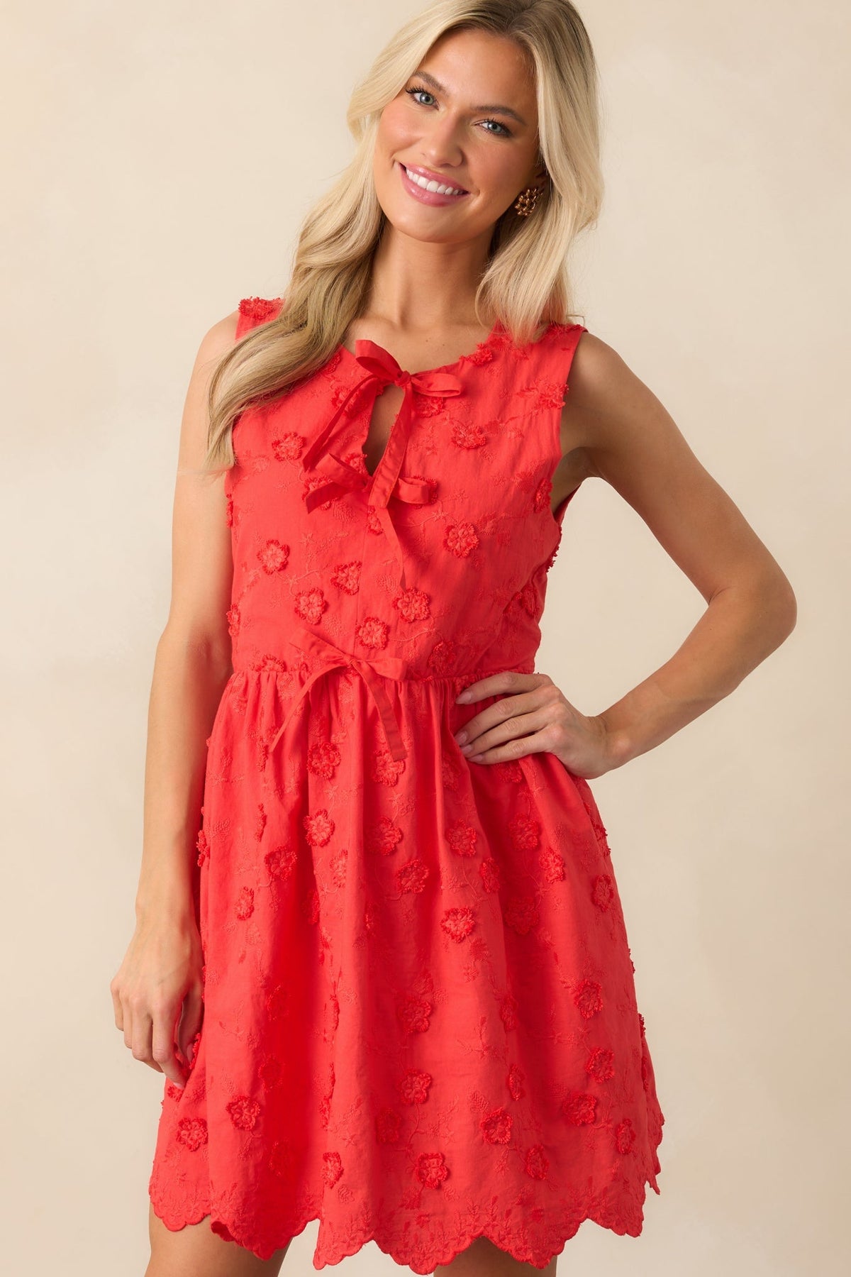 Thinking About It Red Floral Embroidered Cotton Mini Dress