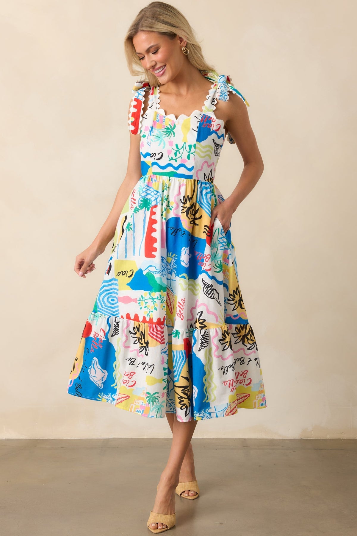 Prosperina Francesca Multi Tropical Print Linen Midi Dress