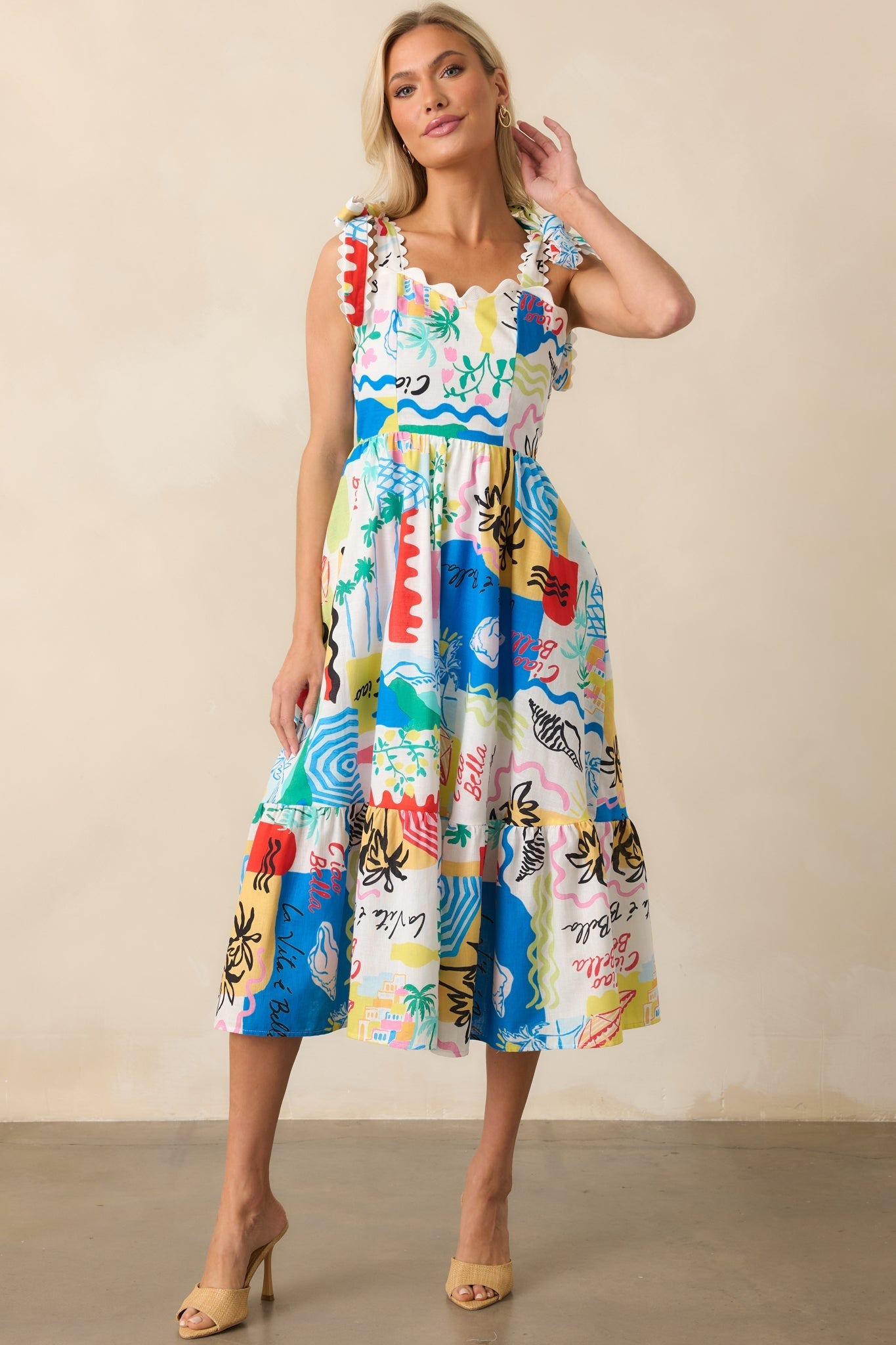 Prosperina Francesca Multi Tropical Print Linen Midi Dress