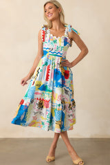 Prosperina Francesca Multi Tropical Print Linen Midi Dress