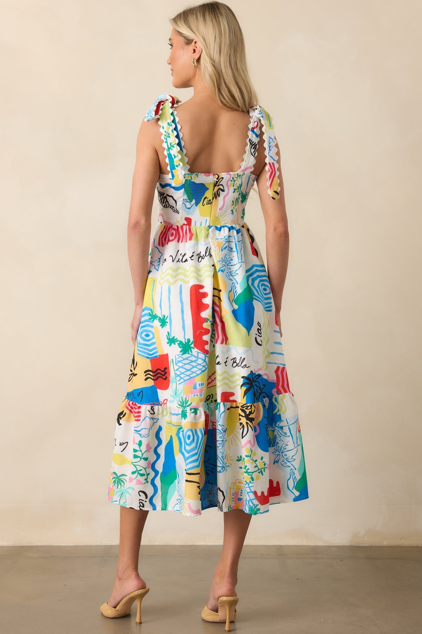 Prosperina Francesca Multi Tropical Print Linen Midi Dress