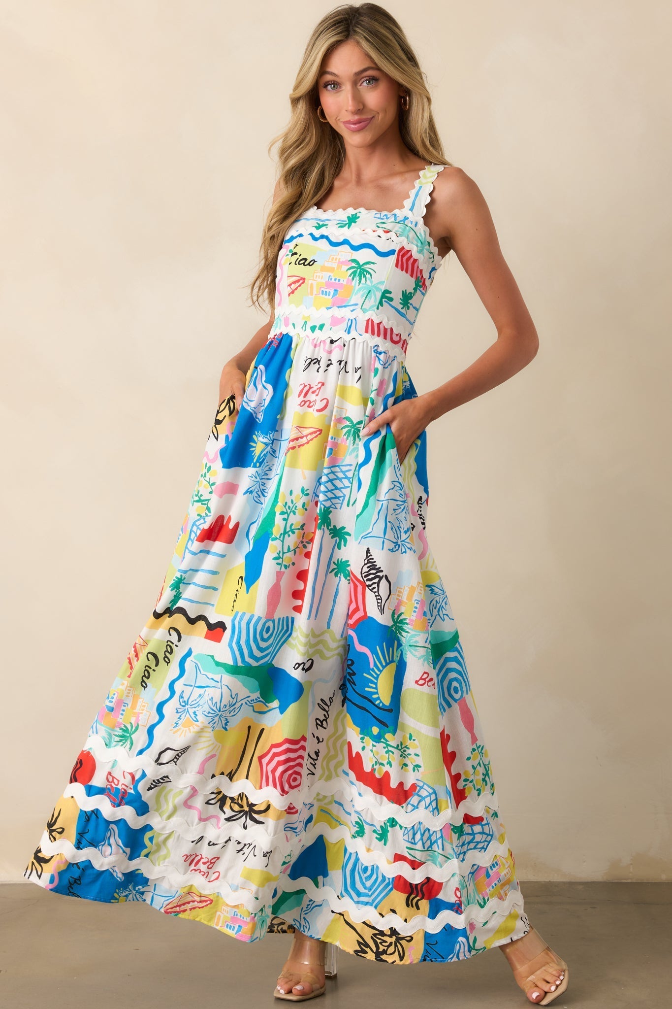Prosperina Florence Multi Tropical Print Linen Maxi Dress