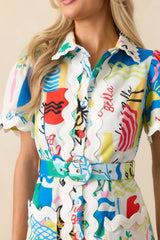 Prosperina Beatrice Multi Tropical Print Linen Belted Mini Dress