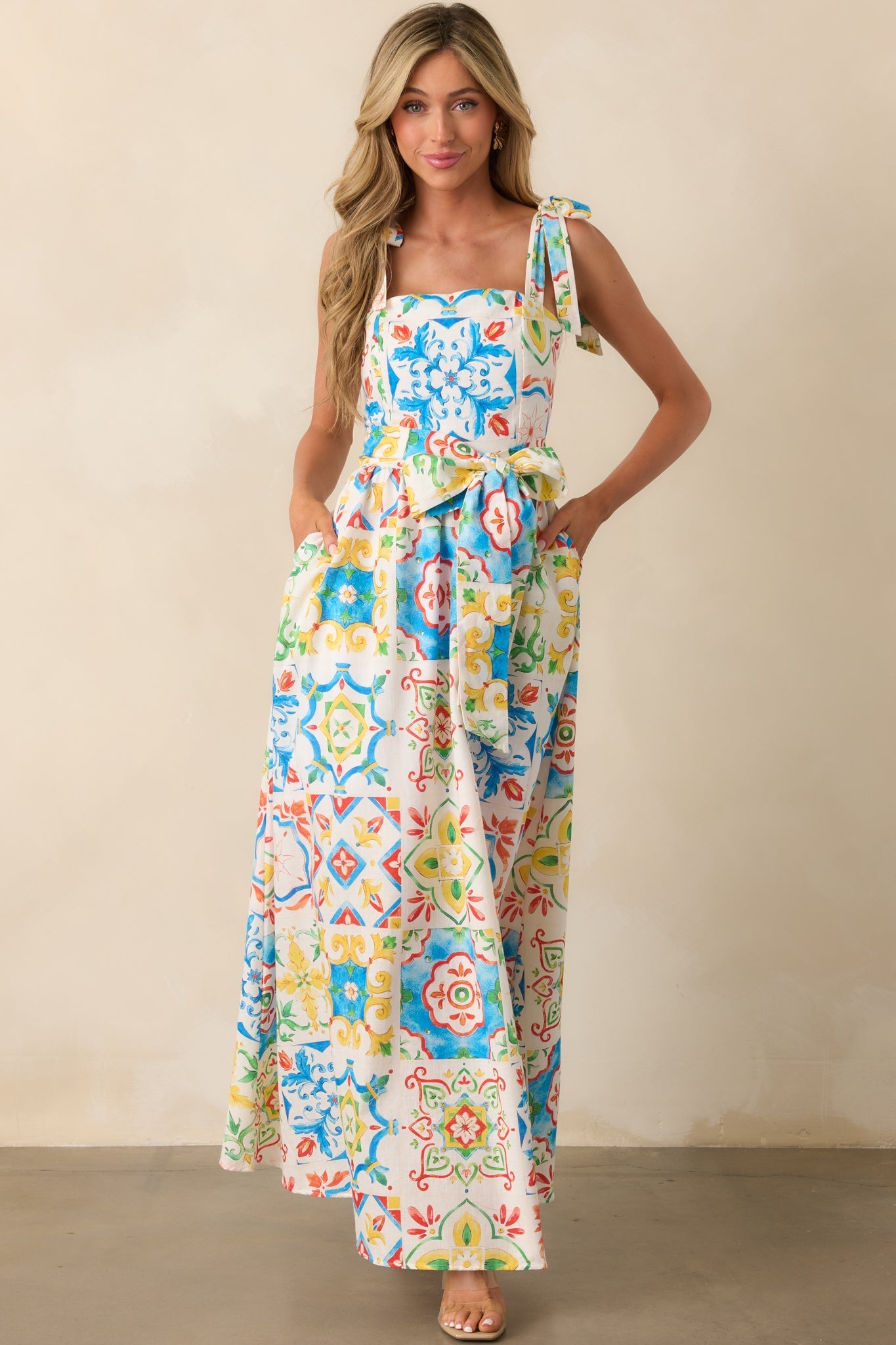 Prosperina Giovanna Blue Multi Sicilian Tile Print Linen Maxi Dress