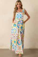Prosperina Giovanna Blue Multi Sicilian Tile Print Linen Maxi Dress