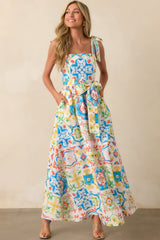 Prosperina Giovanna Blue Multi Sicilian Tile Print Linen Maxi Dress