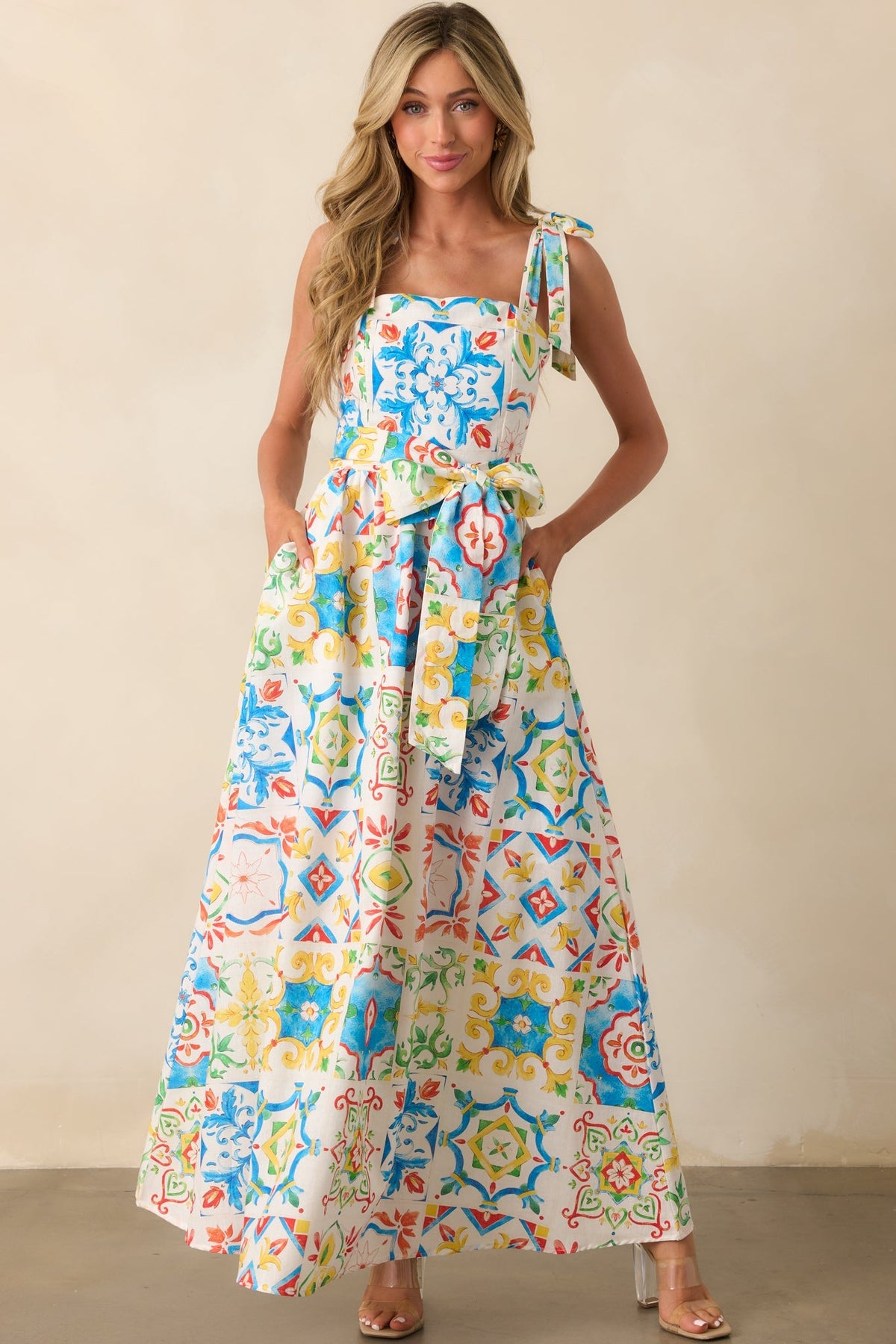 Prosperina Giovanna Blue Multi Sicilian Tile Print Linen Maxi Dress