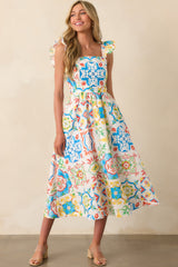 Prosperina Nicola Blue Multi Sicilian Tile Print Linen Ruffle Midi Dress