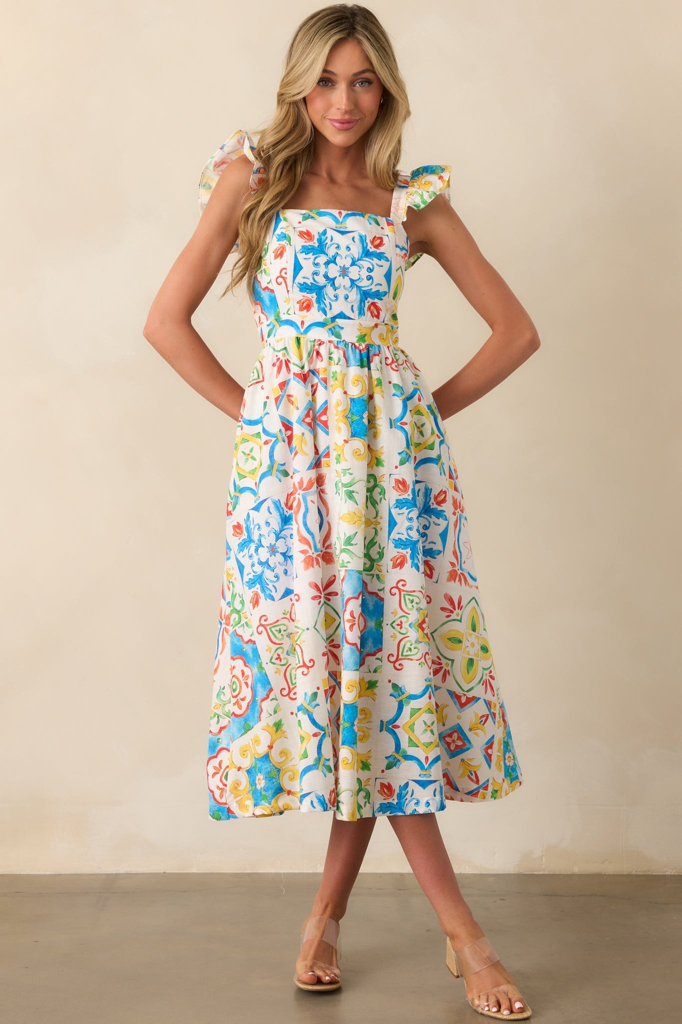 Prosperina Nicola Blue Multi Sicilian Tile Print Linen Ruffle Midi Dress