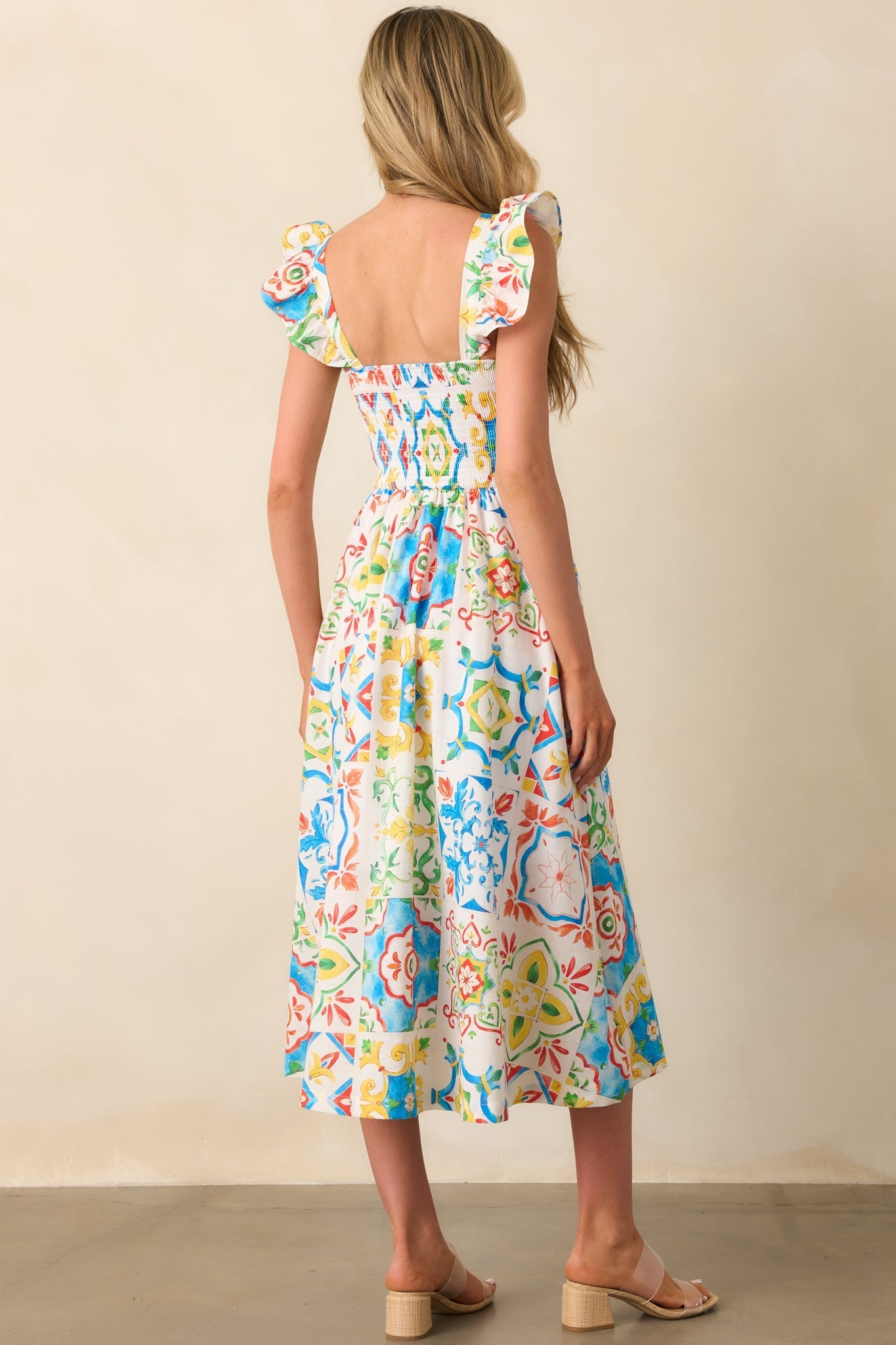 Prosperina Nicola Blue Multi Sicilian Tile Print Linen Ruffle Midi Dress