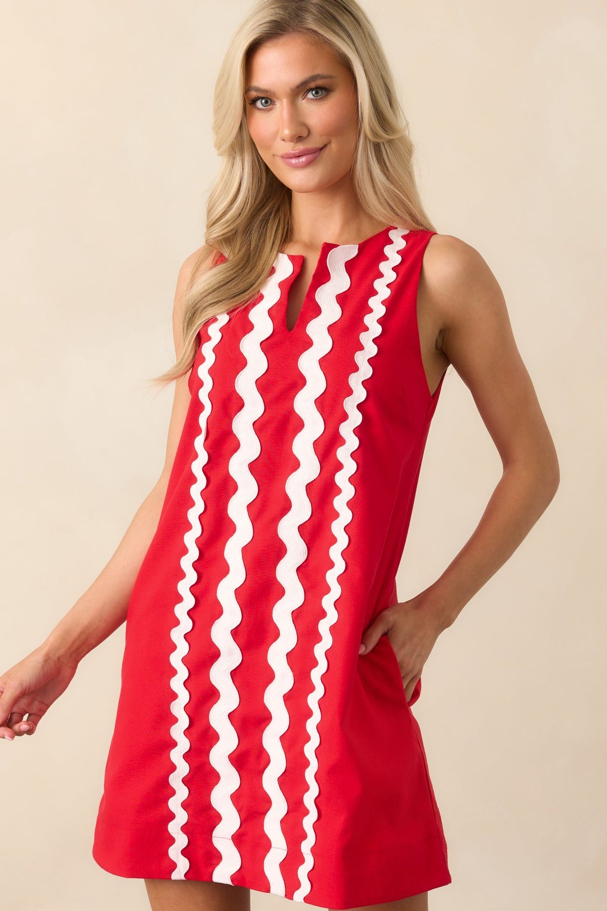 Prosperina Gigi Red Ric Rac Cotton Shift Mini Dress