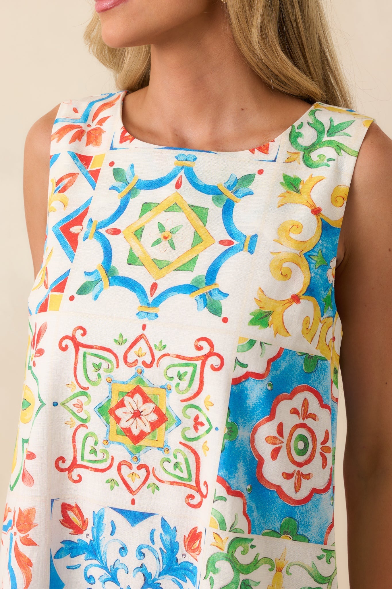 Prosperina Catania Blue Multi Sicilian Tile Print Linen Shift Mini Dress