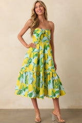 Prosperina Elena Blue Lemon Print Linen Strapless Midi Dress