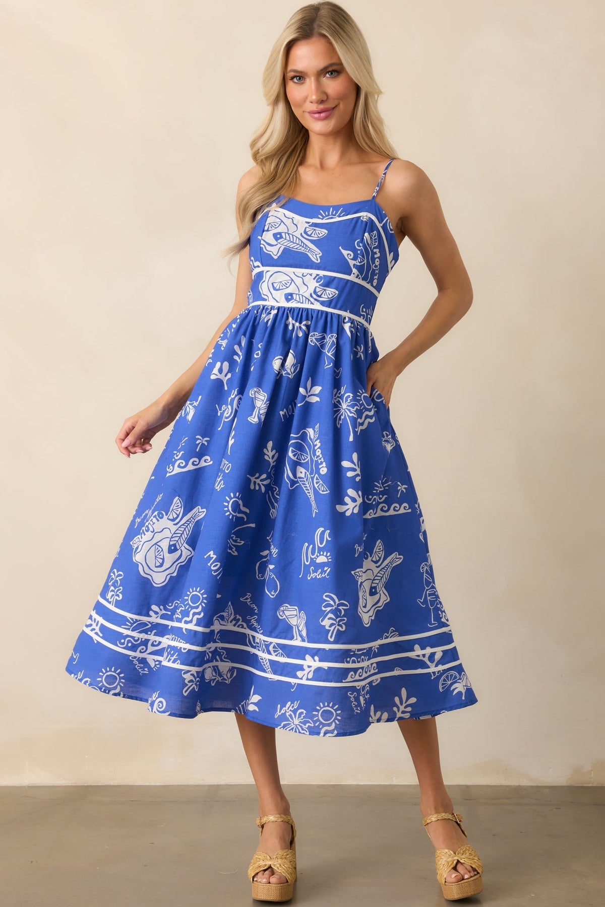 Prosperina Silvia Royal Blue Mojito Print Linen Midi Dress