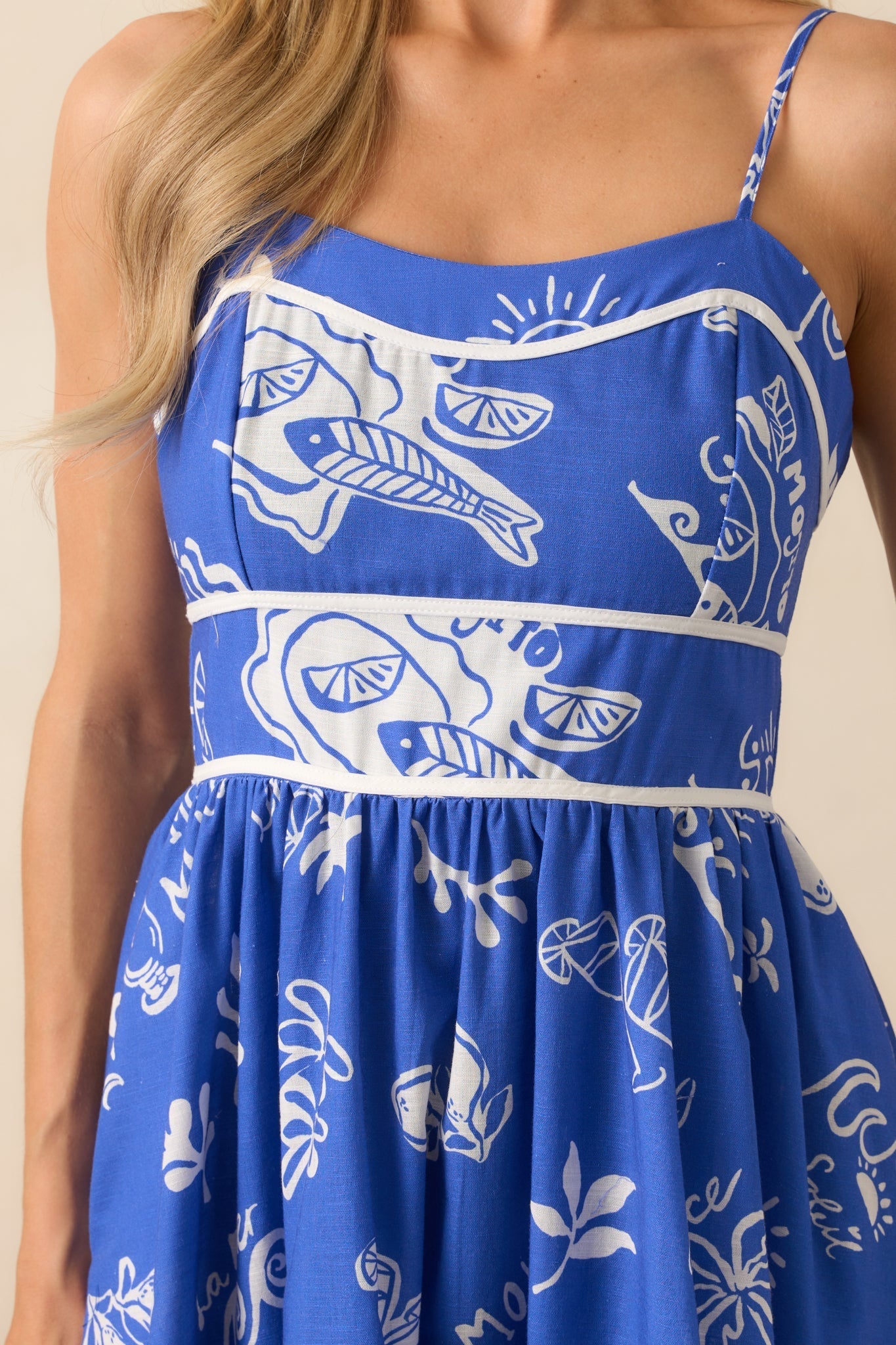 Prosperina Silvia Royal Blue Mojito Print Linen Midi Dress