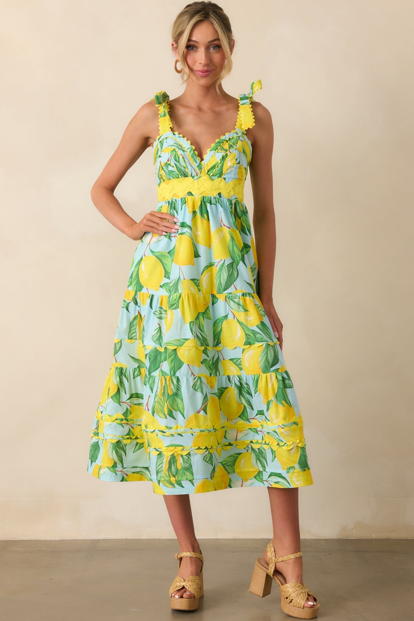 Prosperina Caterina Blue Lemon Print Cotton Midi Dress