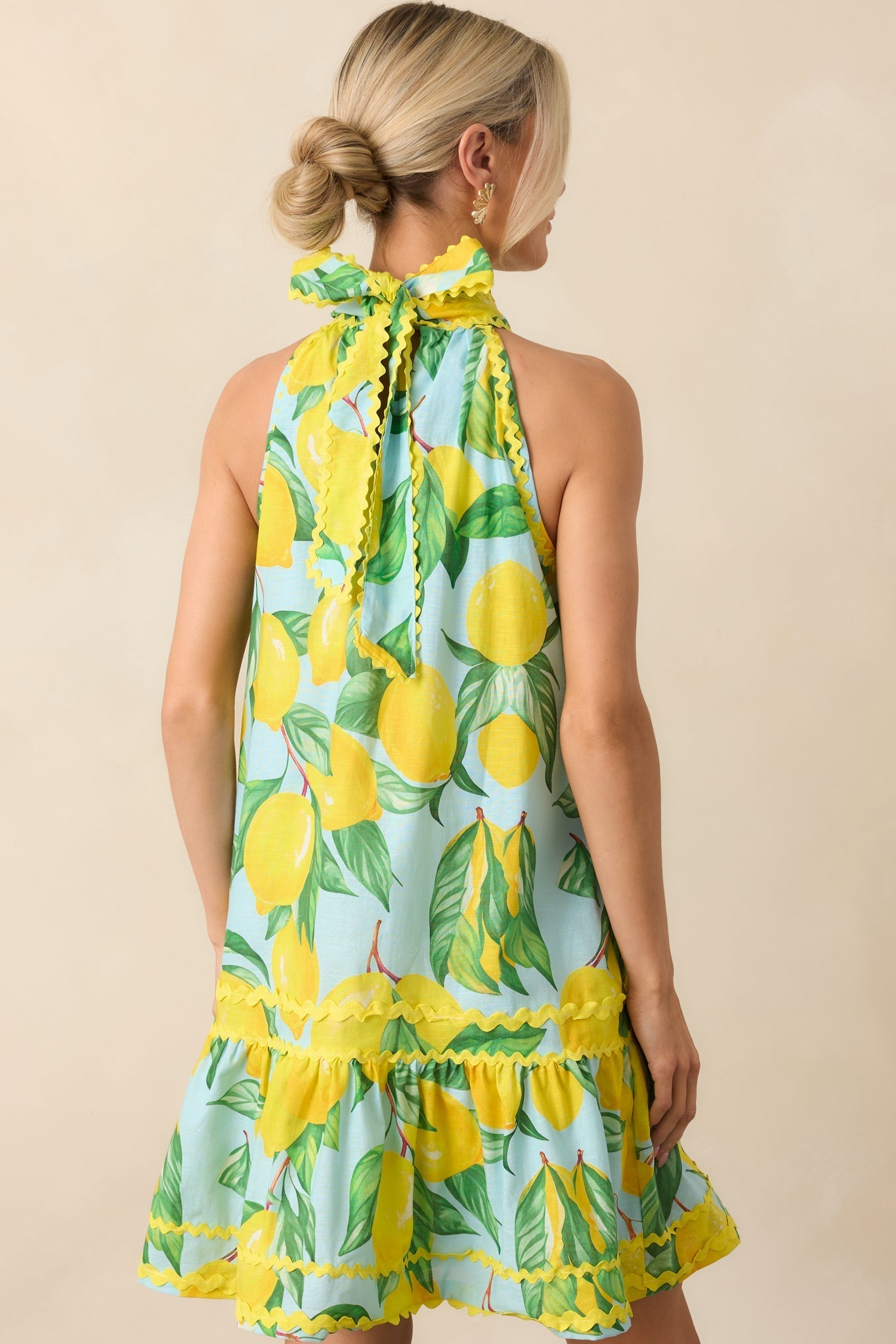 Prosperina Simone Blue Lemon Print Cotton Halter Mini Dress